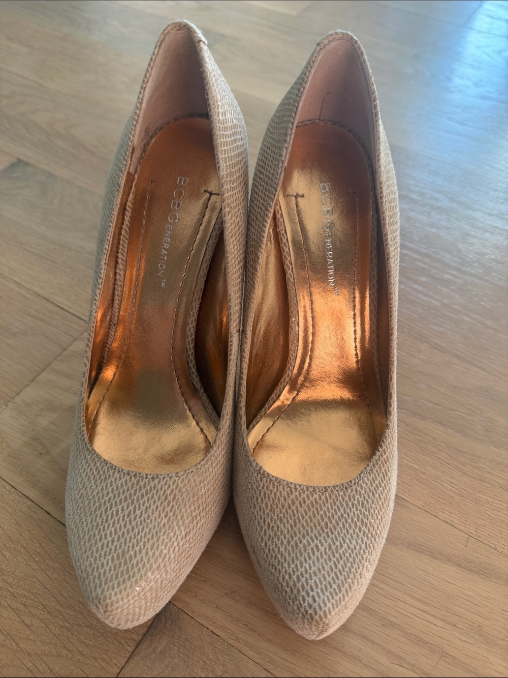 BCBGeneration Beige Textured Pointed-Toe Heels